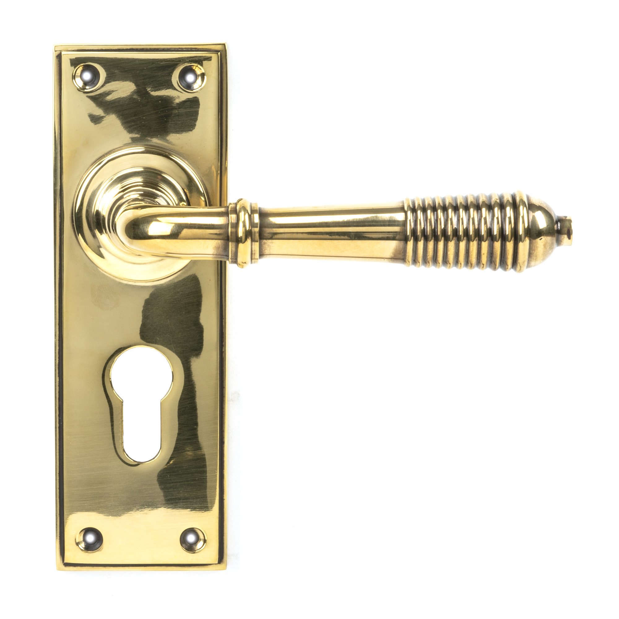 Aged Brass Reeded Lever Euro Lock Set