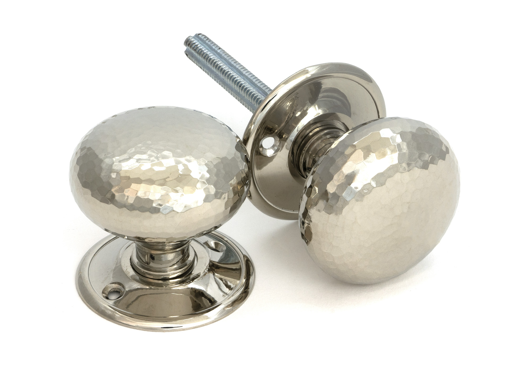 Polished Nickel Hammered Mushroom Mortice/Rim Knob Set