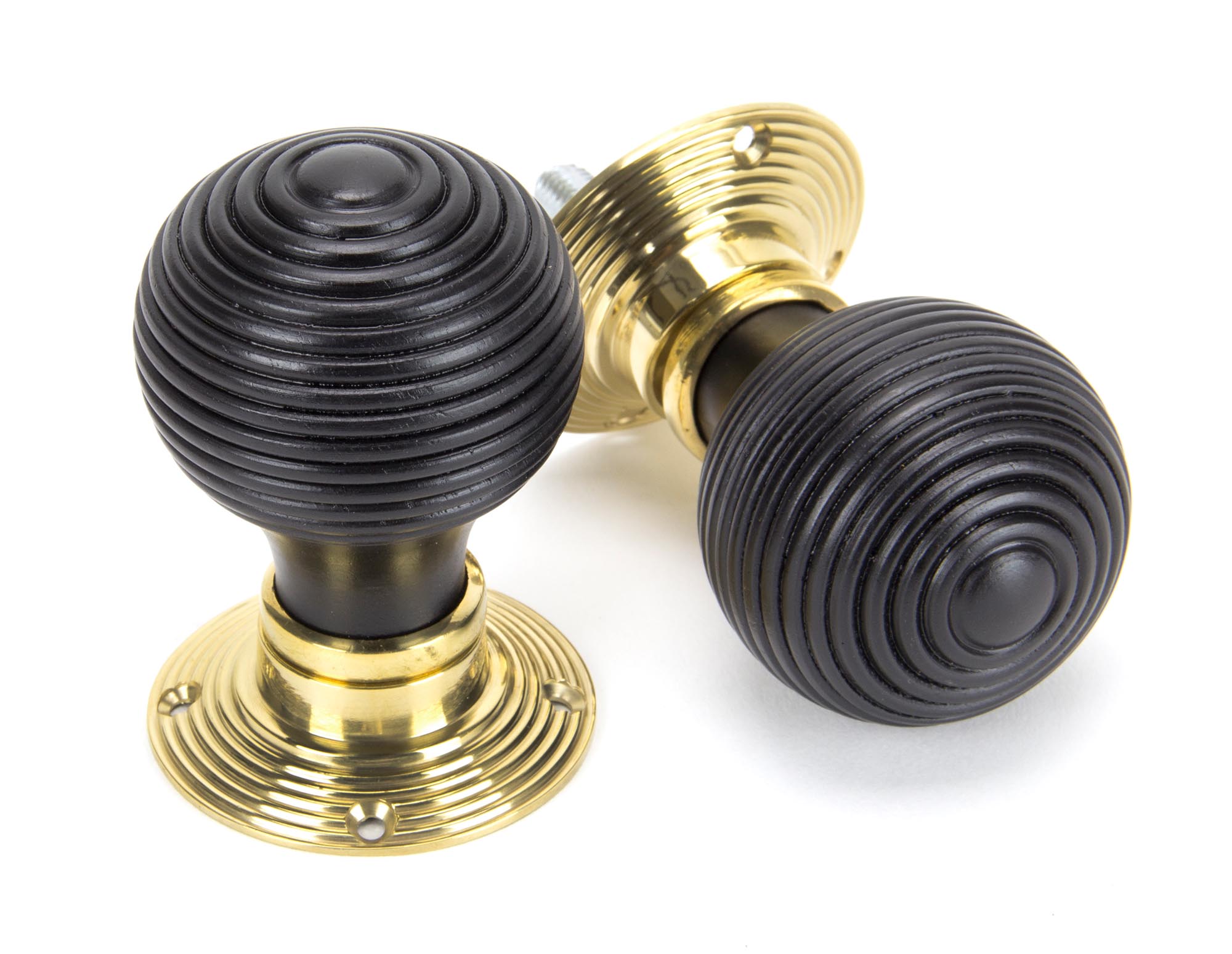 Ebony & Polished Brass Beehive Mortice/Rim Knob Set